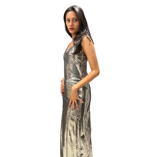 Liquid Silver Satin Maxi Dress – Elegant Slip Silhouette