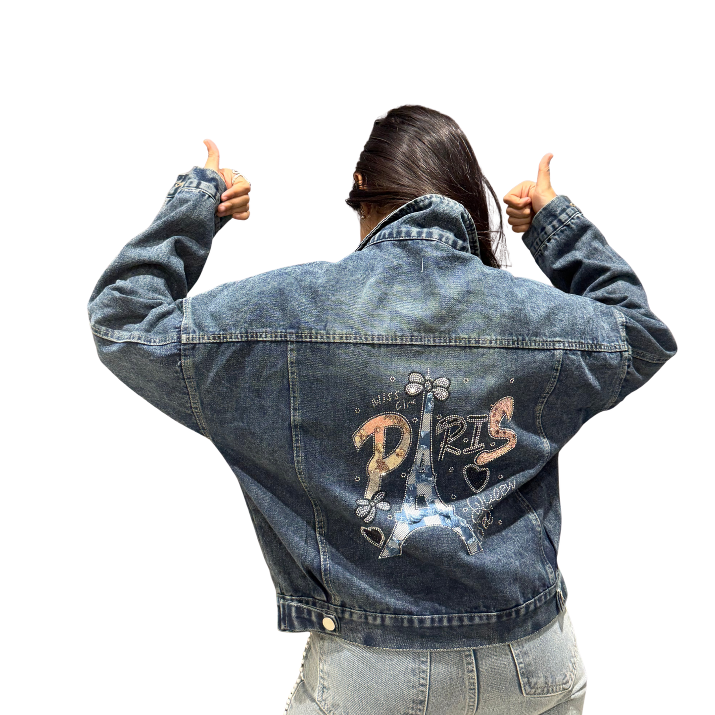 ParisGlam Women’s Embellished Denim Jacket – Eiffel Sequin Back Design