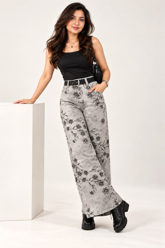 Grey Floral Printed Wide-Leg Jeans