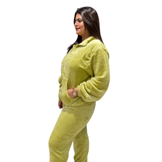 Olive Plush Velour Co-Ord Set | Women’s Zip-Up Lounge & Tracksuit Set