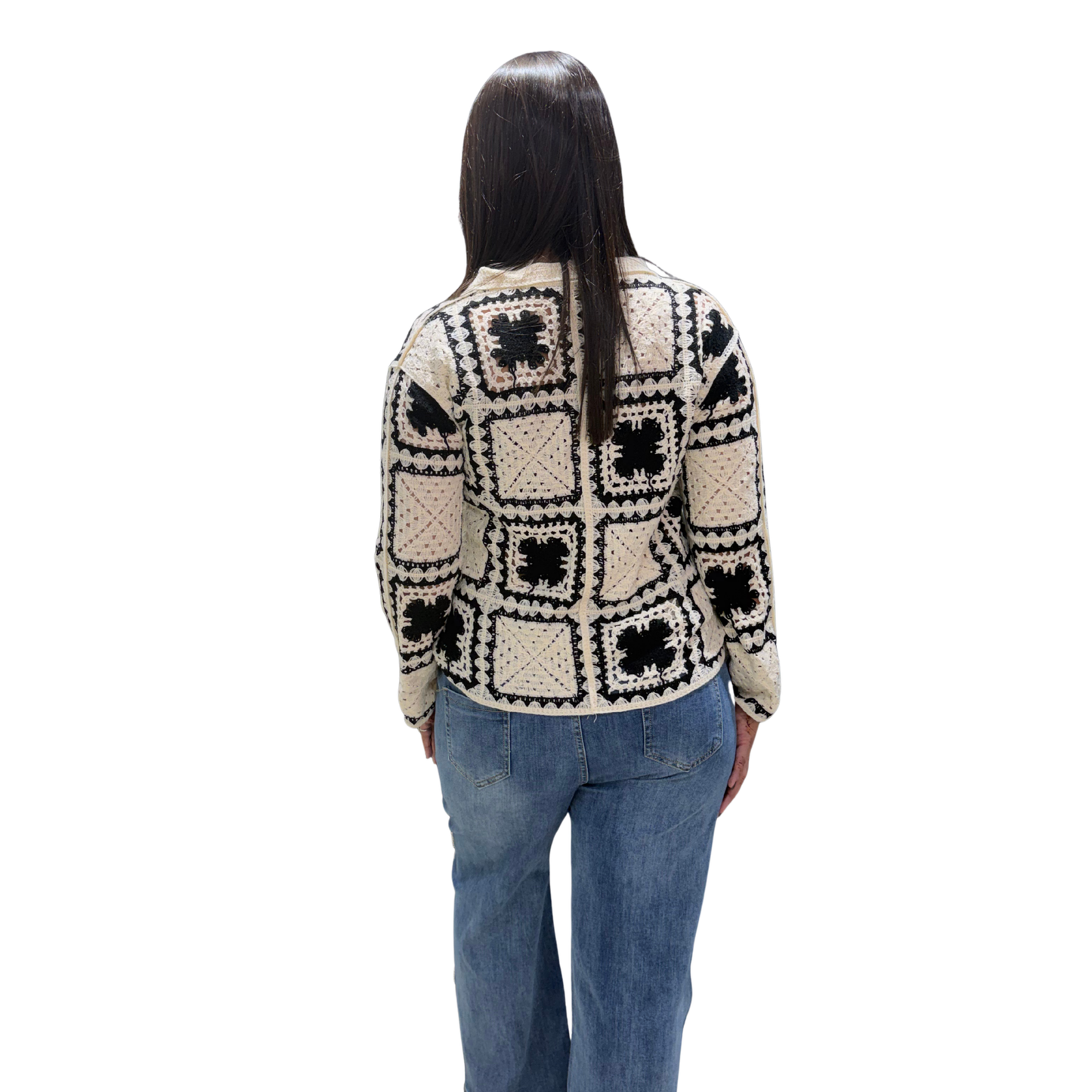 Ivory Noir Crochet Button-Down Jacket | Handcrafted Knit Top