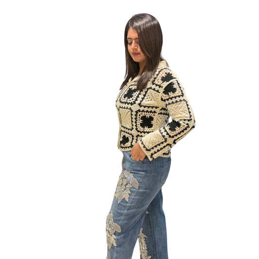 Ivory Noir Crochet Button-Down Jacket | Handcrafted Knit Top