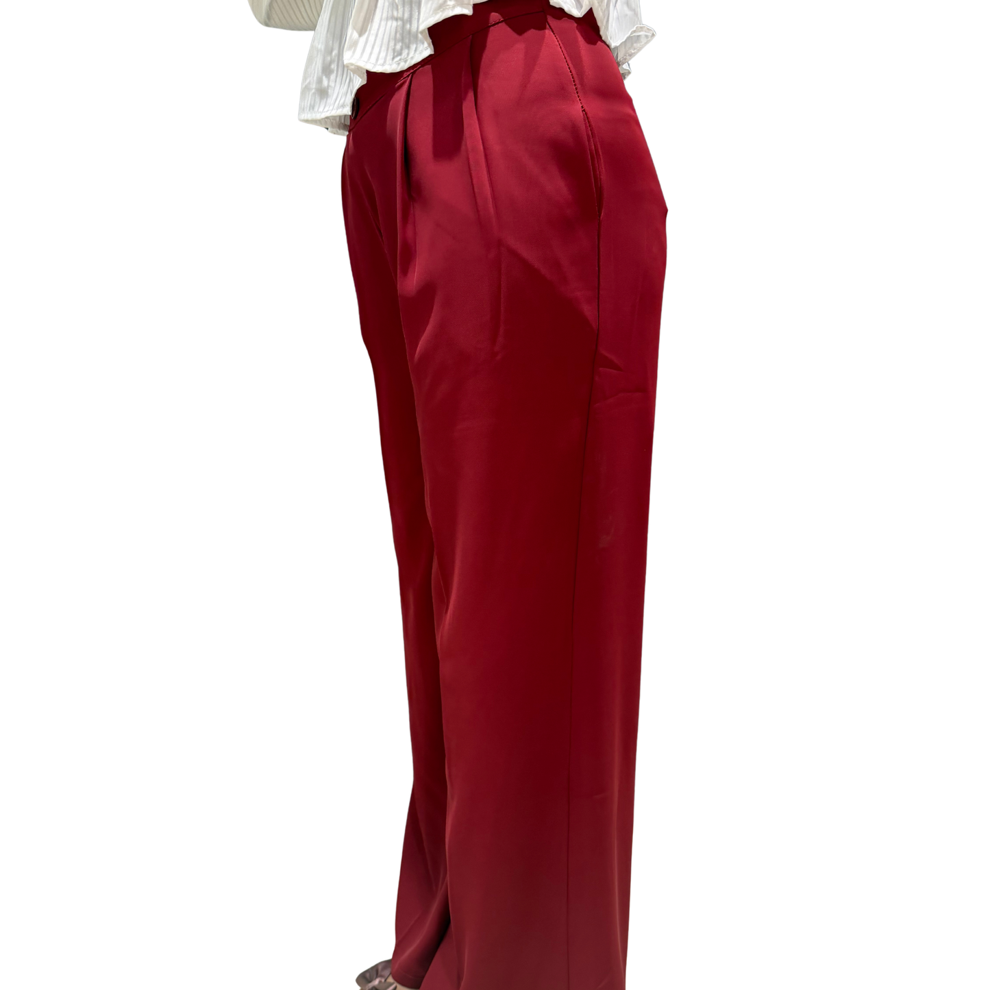 ScarletCurve™ Women’s High-Waist Button-Front Pleated Trousers – Red