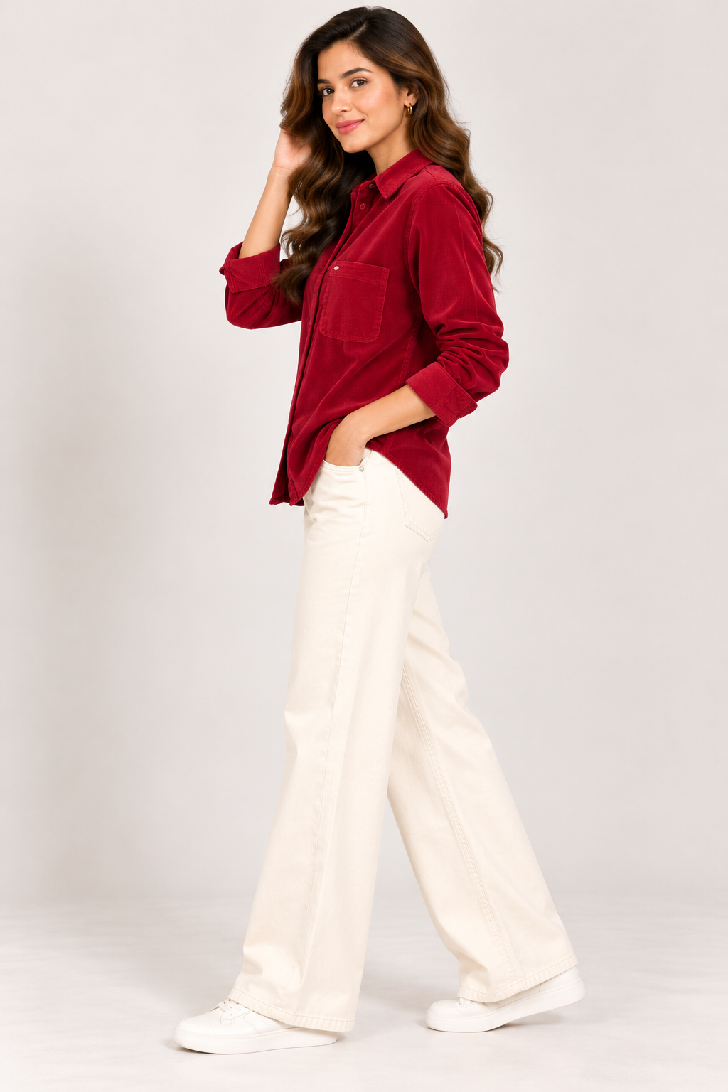 Burgundy Red Corduroy Shirt for Women with Chest Pocket