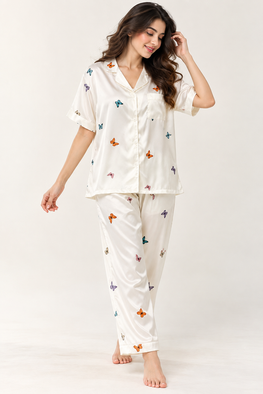 Satin Butterfly Print Night Suit