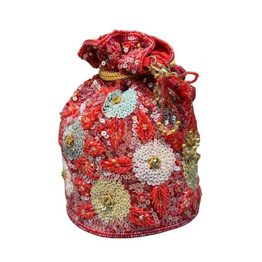 Embellished Floral Sequin Potli Bag – Red & Gold Bridal Clutch