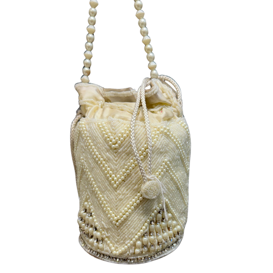 Ivory Pearl Potli Bag – Bridal Beaded Drawstring Clutch