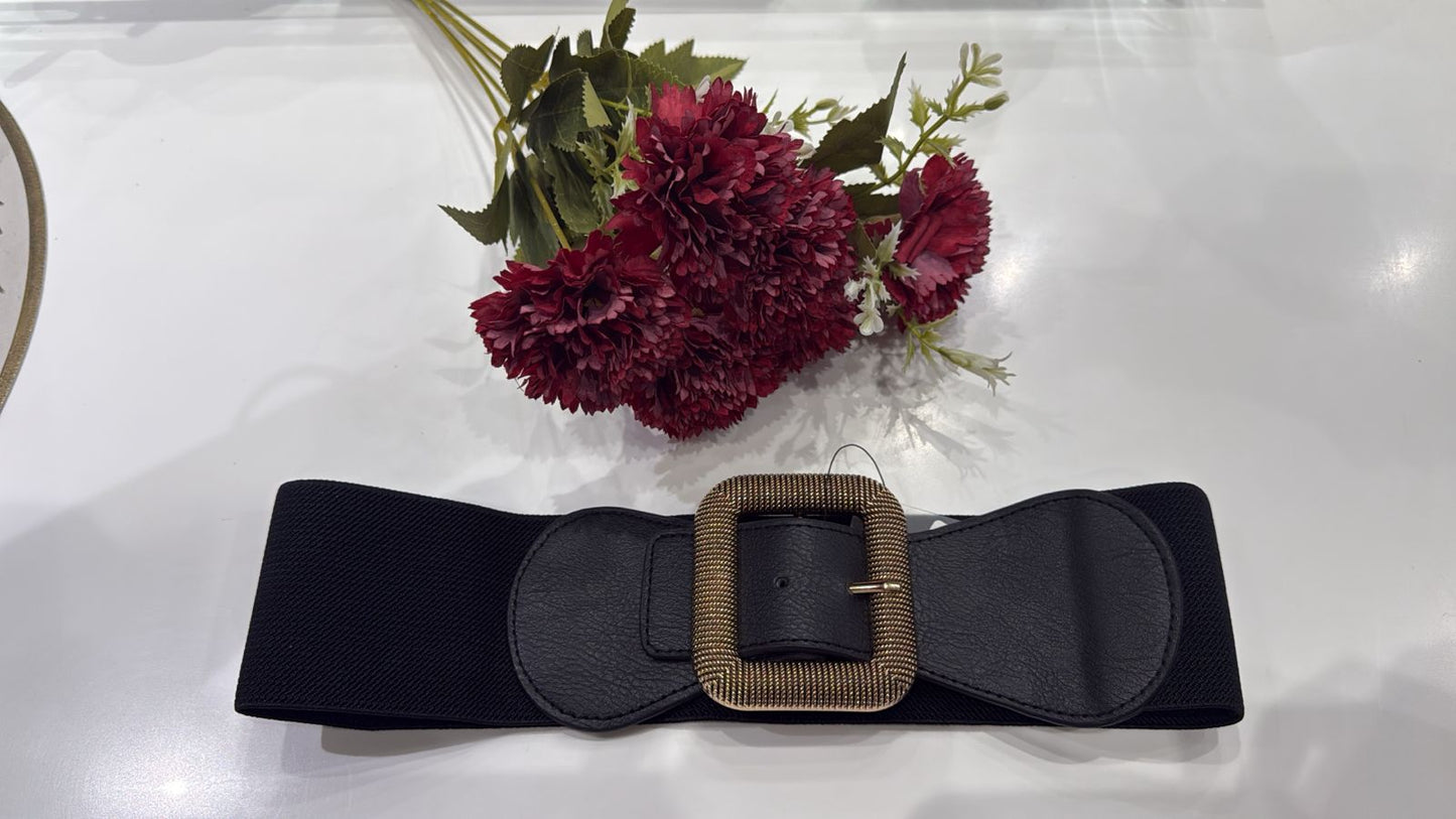 Black Elastic Waist Belt with Gold Statement Buckle