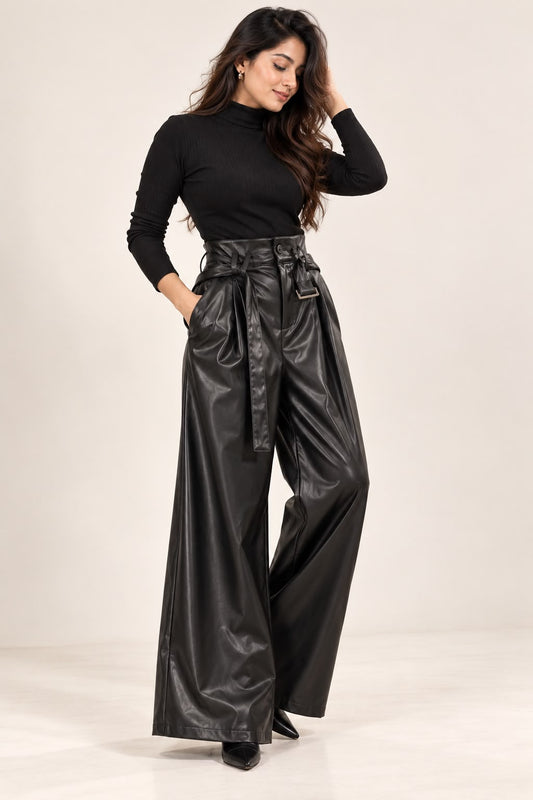 Black Faux Leather Wide-Leg Trousers with Belt
