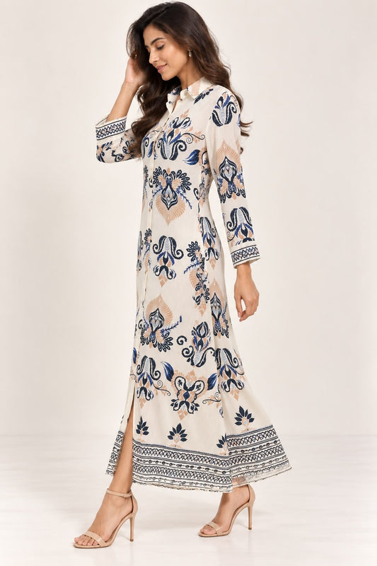 Ivory Blue Printed Shirt Maxi Dress - The Style Story
