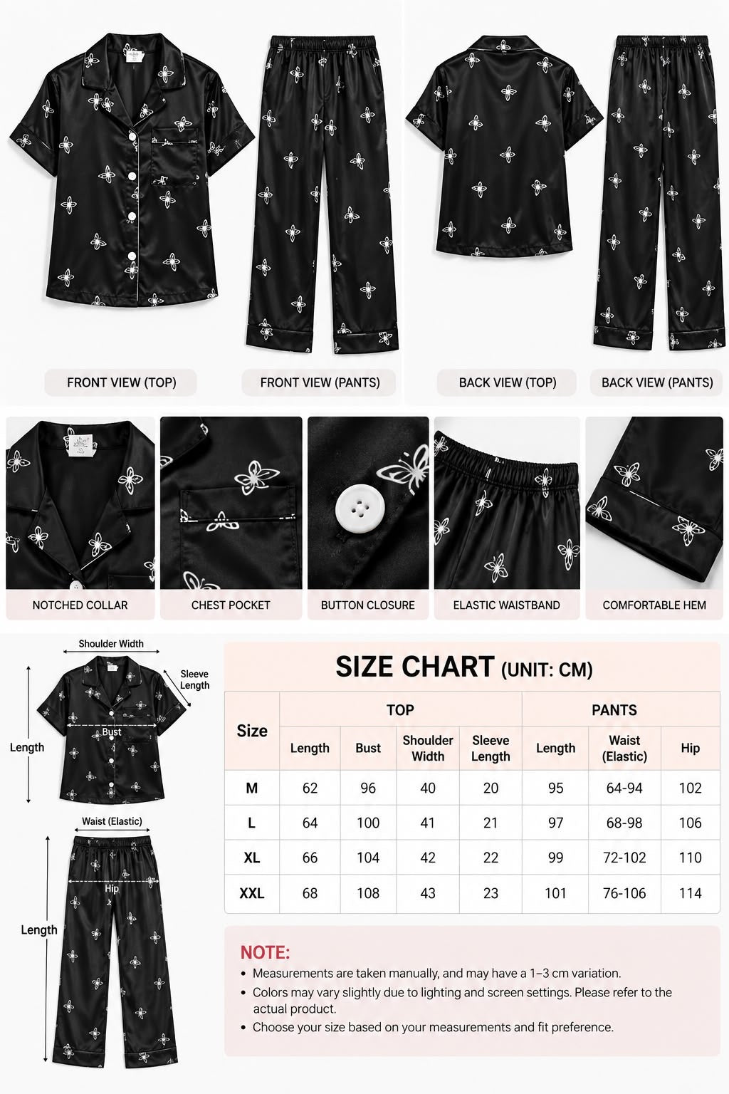 Black Satin Printed Night Suit Set