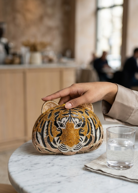 Gold Crystal Tiger Face Embellished Clutch Bag