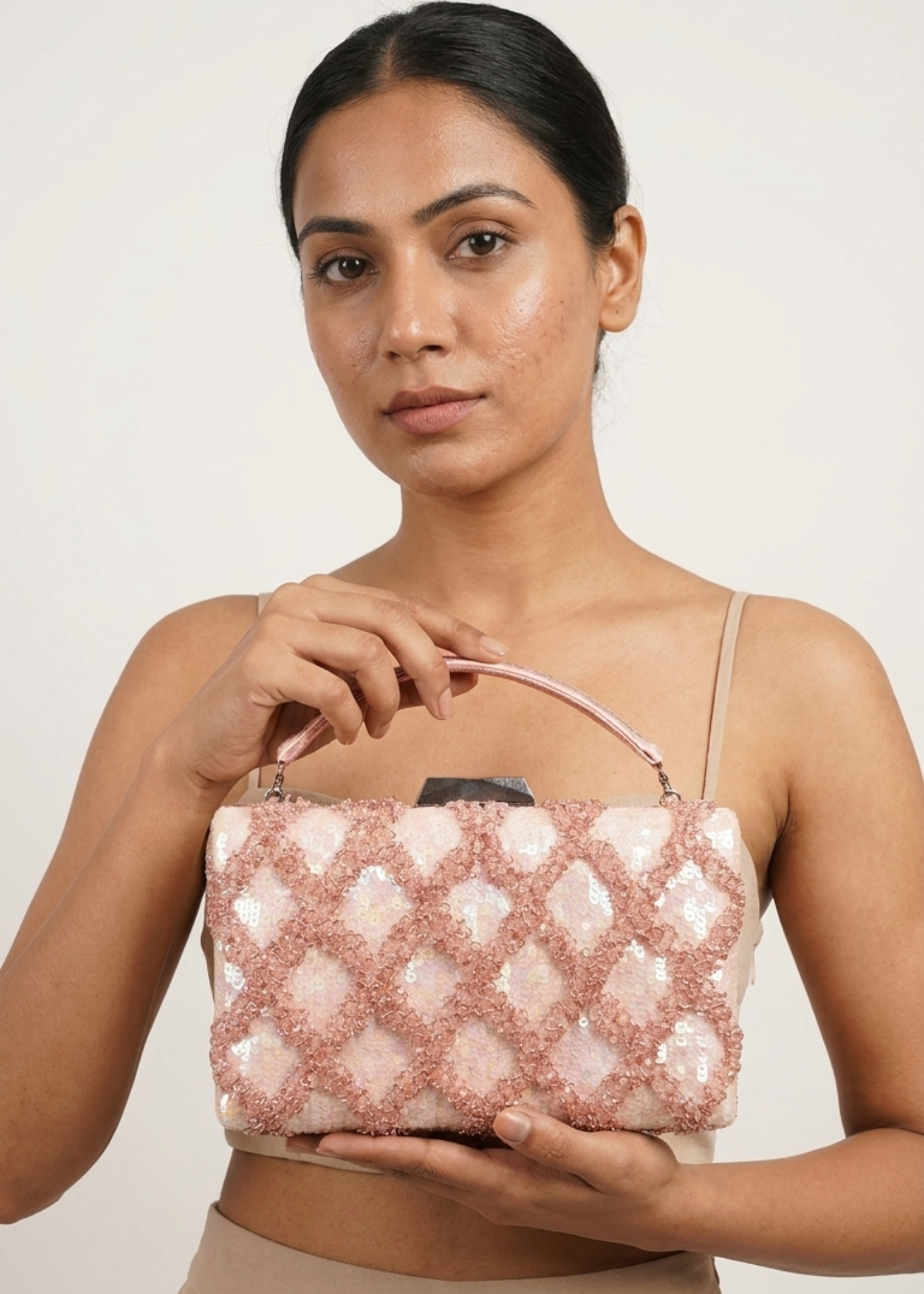 Blush Pink Sequin Embellished Top Handle Clutch Bag