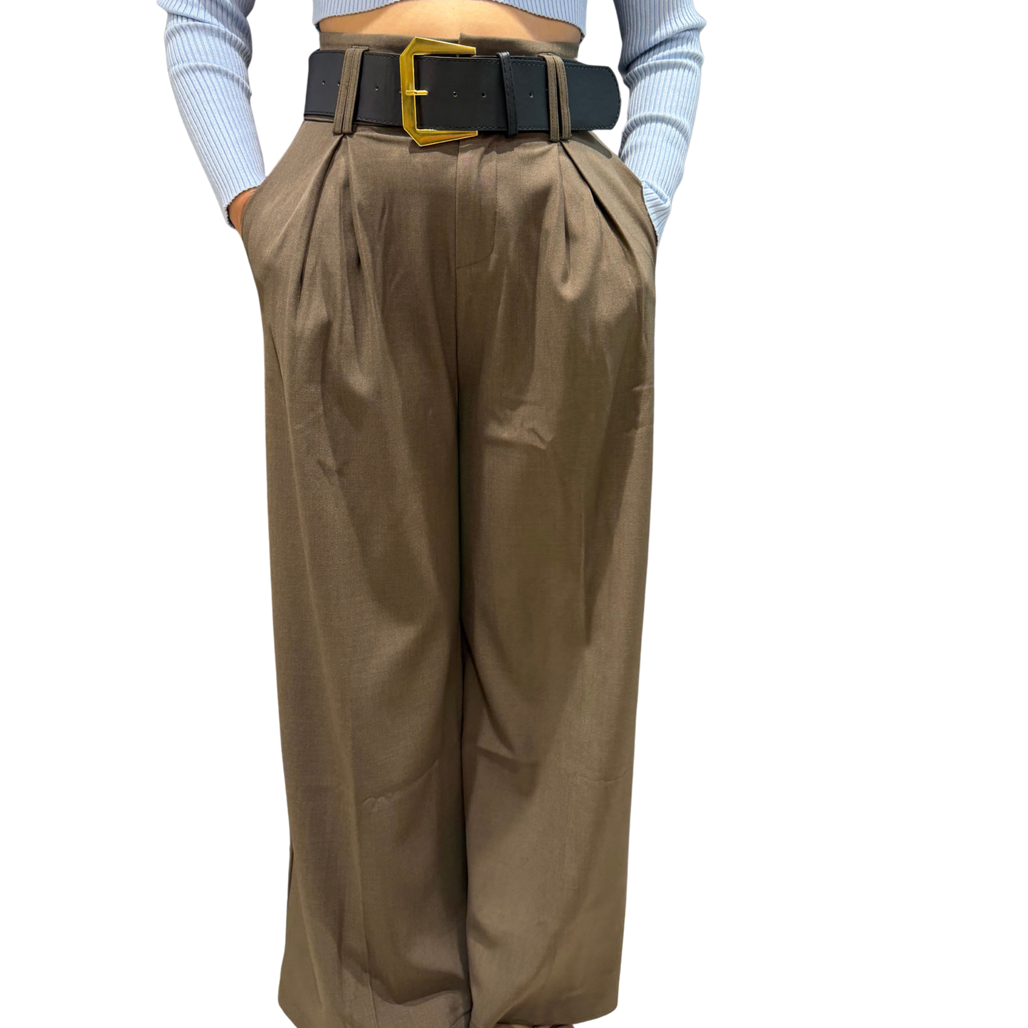 TailorCraft™ Women’s High-Waist Pleated Wide-Leg Trousers – Taupe Brown with belt