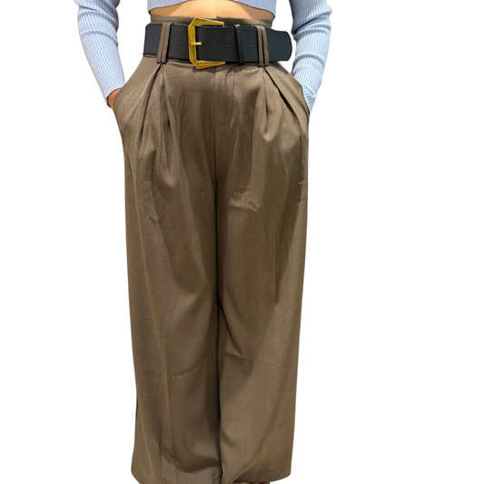 TailorCraft™ Women’s High-Waist Pleated Wide-Leg Trousers – Taupe Brown with belt