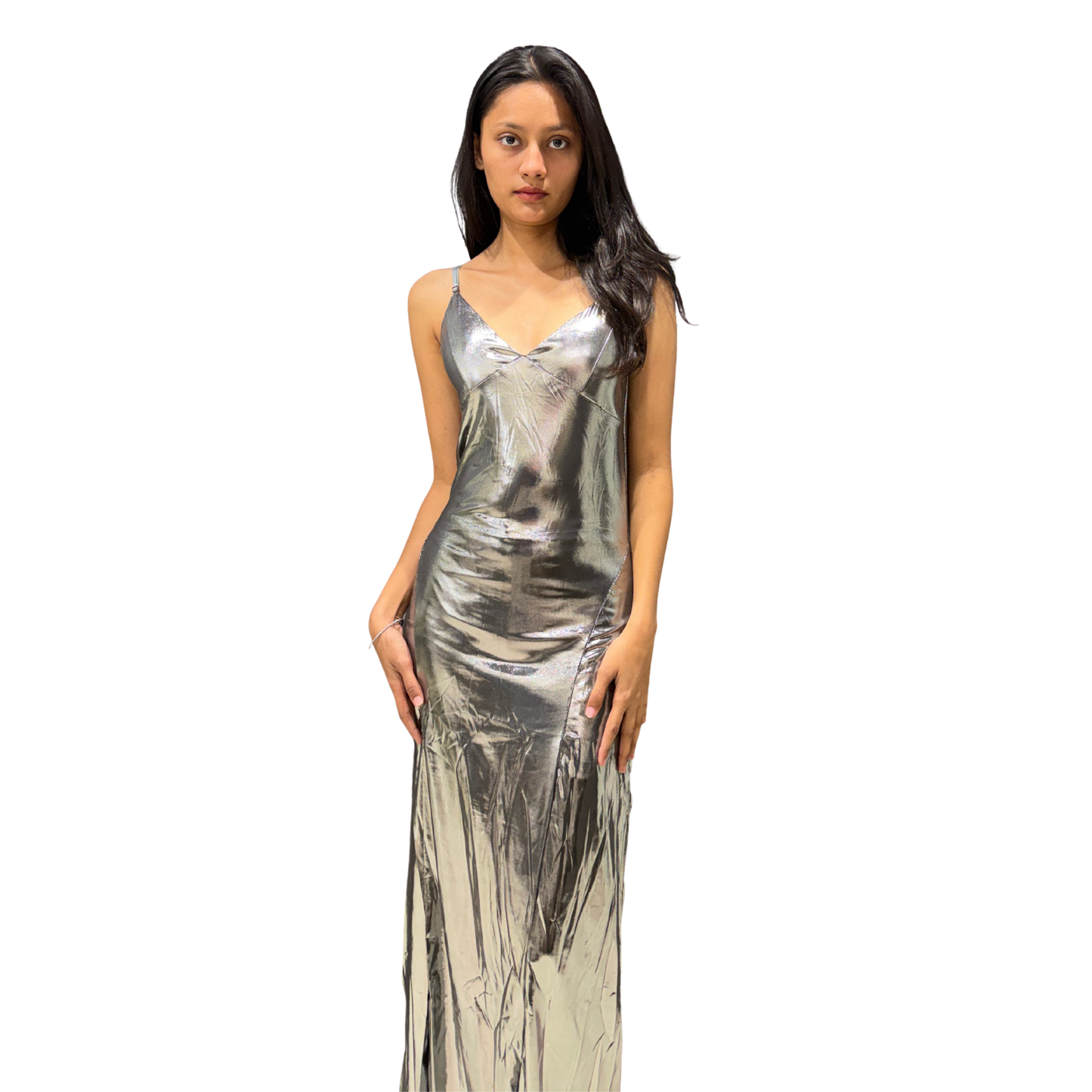 Liquid Silver Satin Maxi Dress – Elegant Slip Silhouette