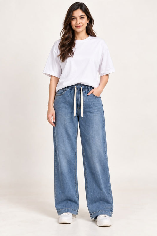 Rhinestone Embellished Wide-Leg Jeans