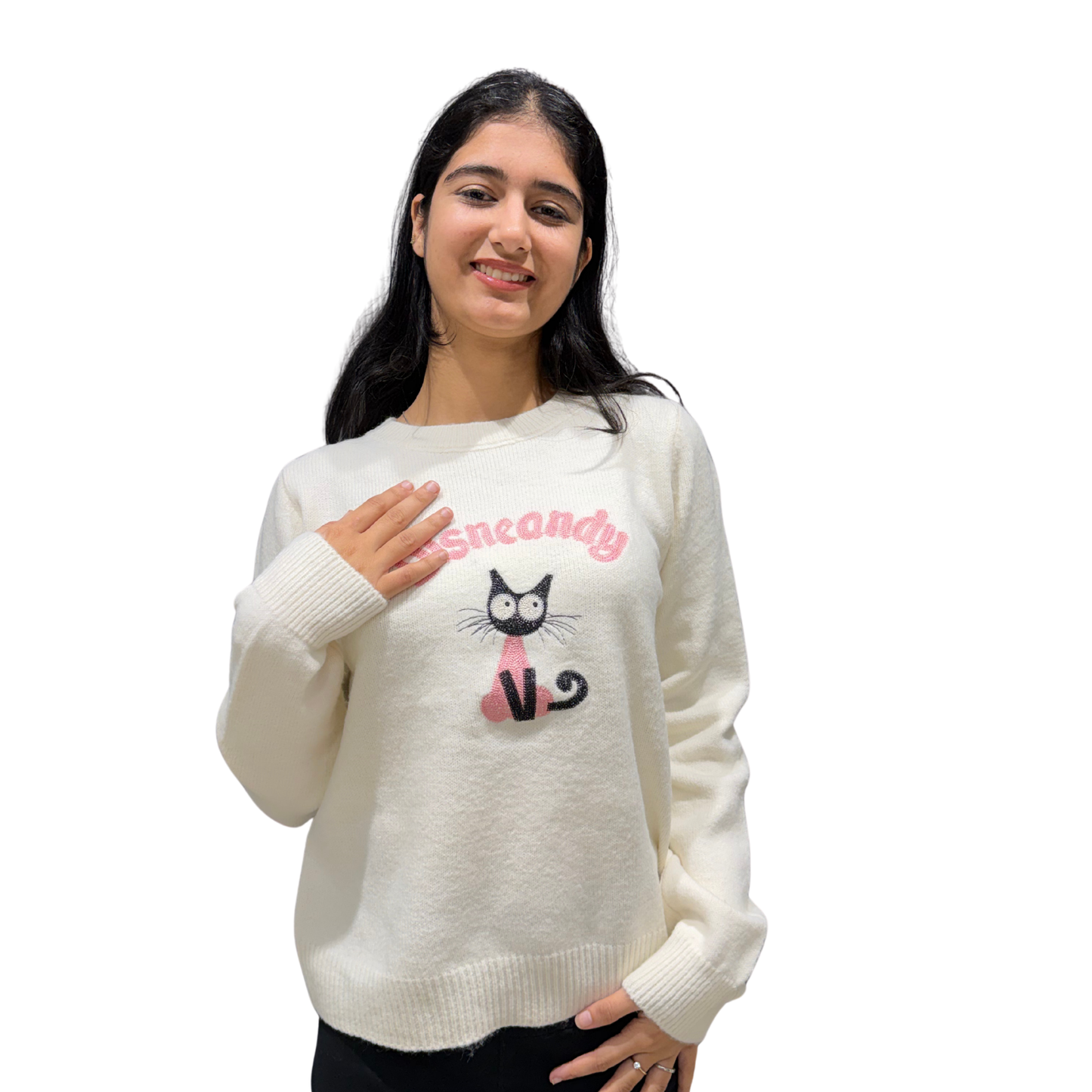 Cosy Cat Graphic Knit Sweater –Fleece Pullover