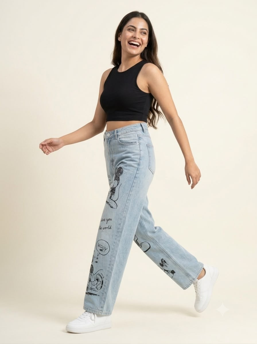 Light Blue Graphic Print Wide-Leg Jeans
