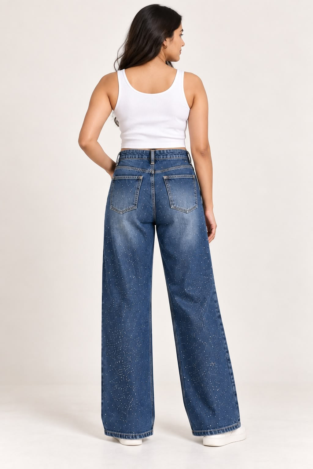 Dark Blue Rhinestone Embellished Wide-Leg Jeans