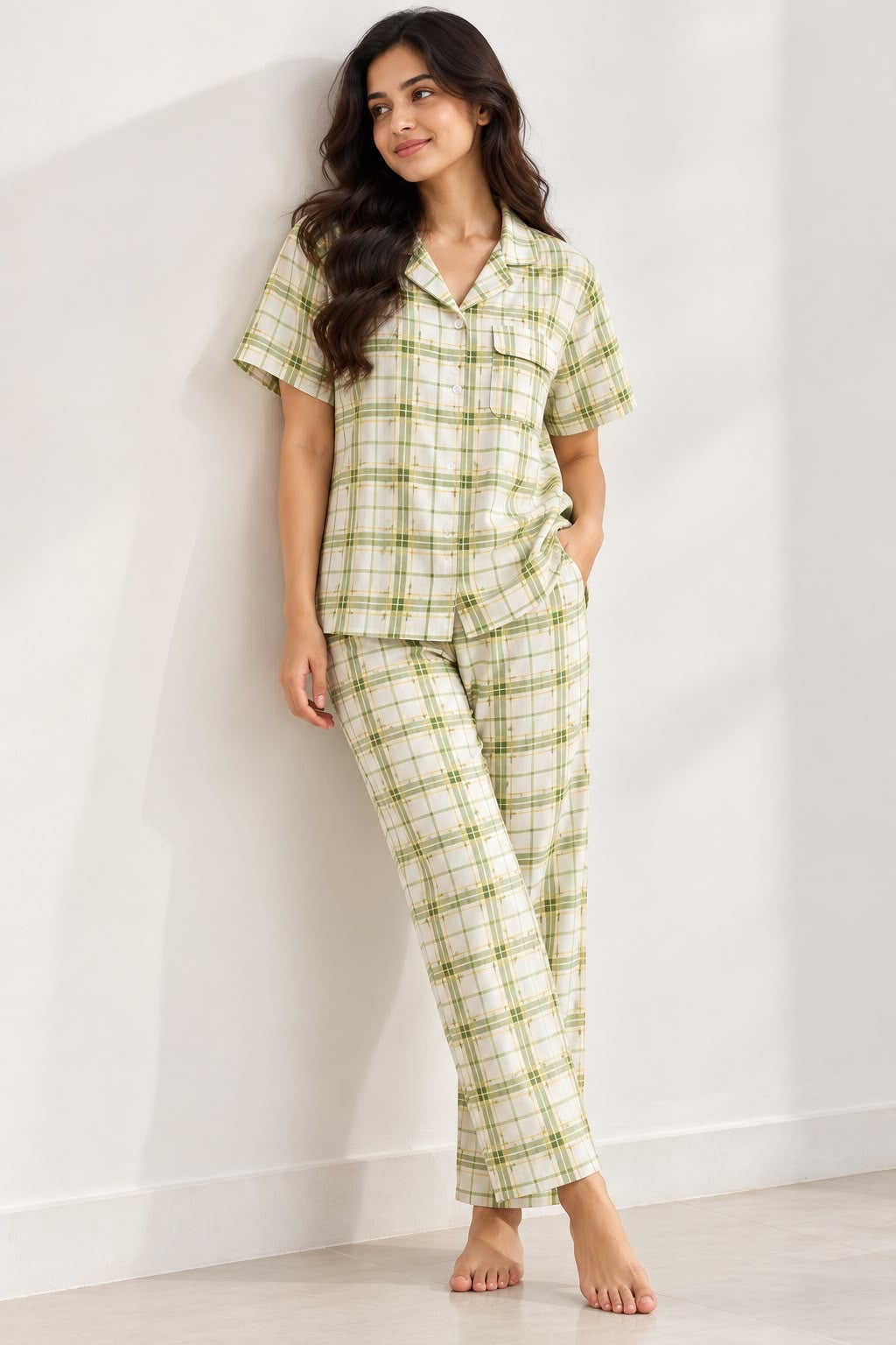 Green Checkered Night Suit Set
