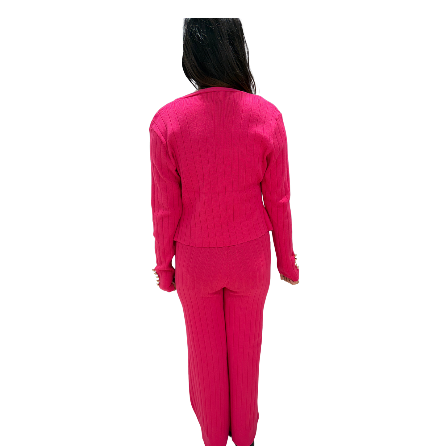 Fuchsia Ribbed 3-piece Co-Ord Set – Buttoned Jacket & High-Waist Pants