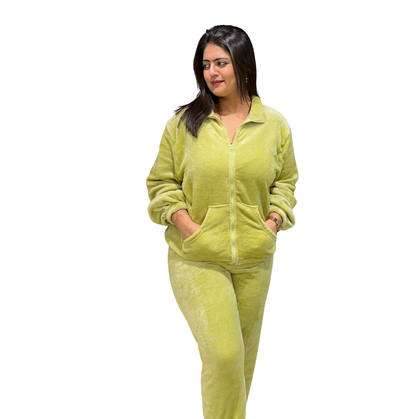 Olive Plush Velour Co-Ord Set | Women’s Zip-Up Lounge & Tracksuit Set