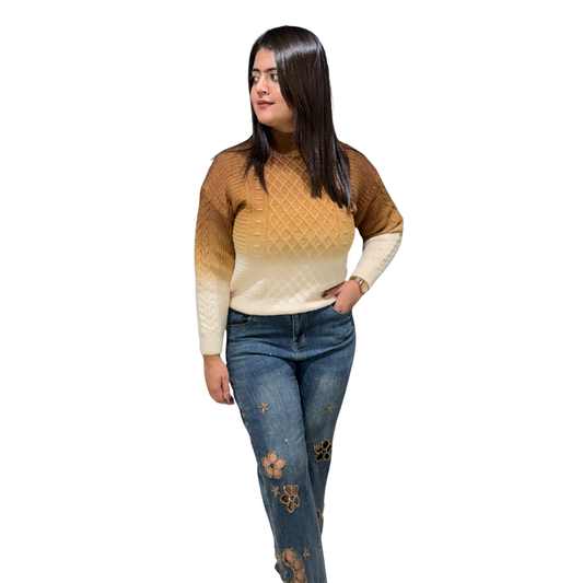 Amber Ombre Cable Knit Sweater | Women’s High-Neck Winter Top
