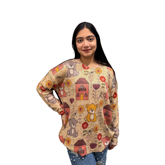 Oversized Teddy & Floral Print Casual sweater