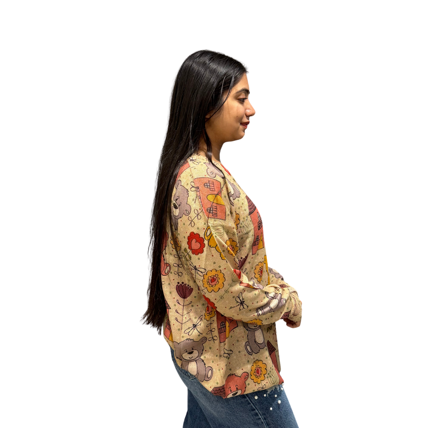 Oversized Teddy & Floral Print Casual sweater