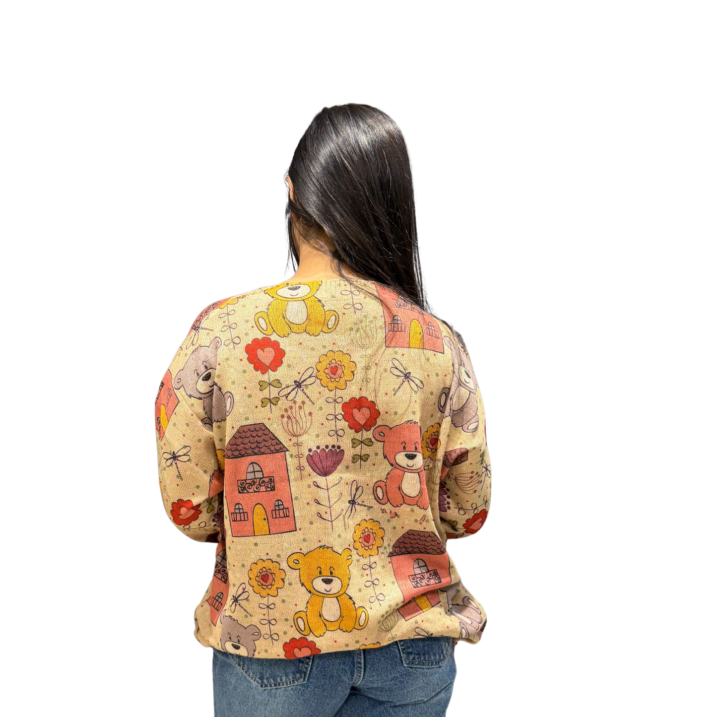 Oversized Teddy & Floral Print Casual sweater