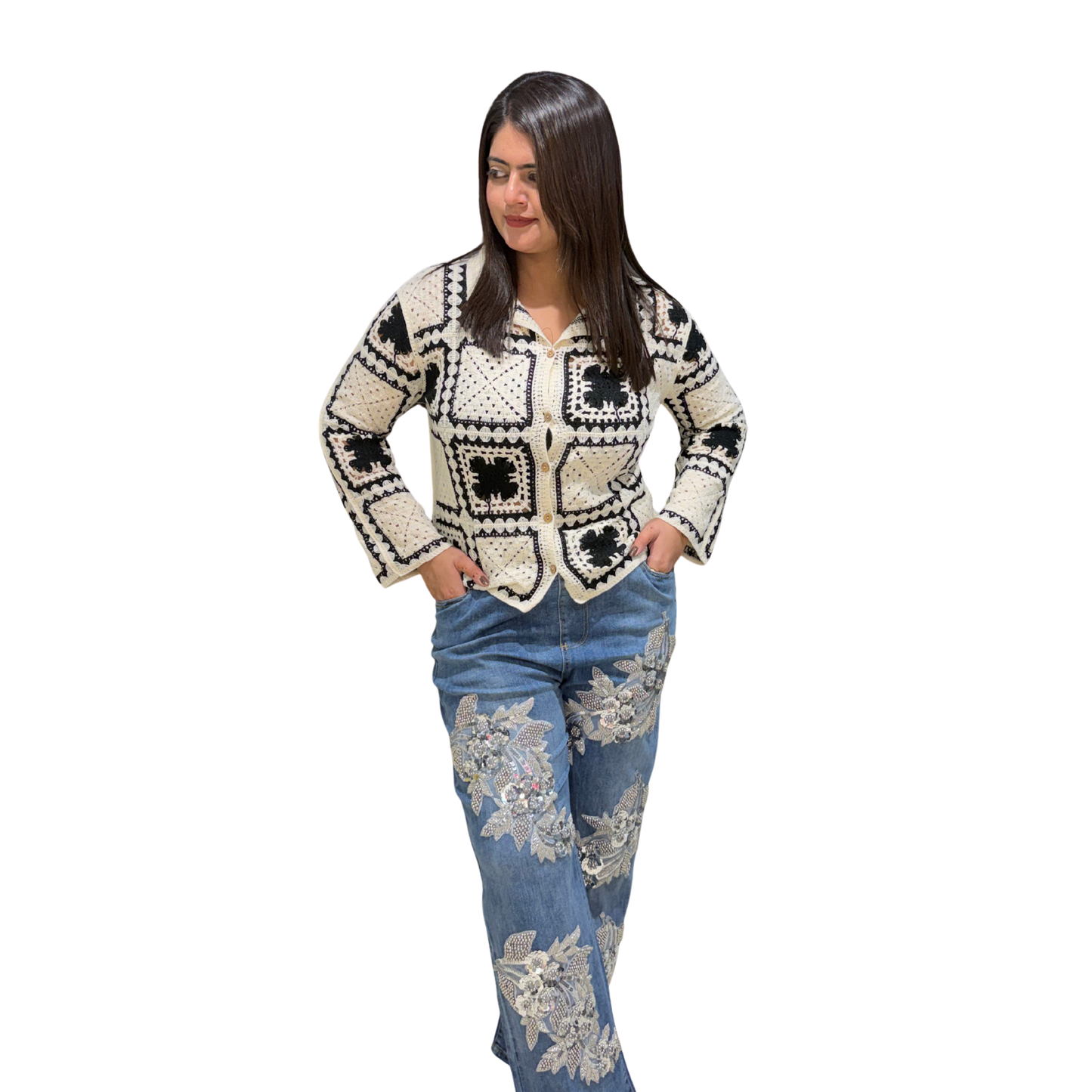 Ivory Noir Crochet Button-Down Jacket | Handcrafted Knit Top