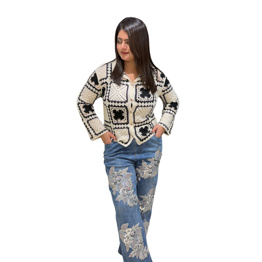 Ivory Noir Crochet Button-Down Jacket | Handcrafted Knit Top