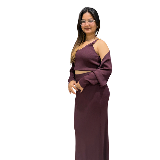 Ribbed Knit Co-Ord Set | Crop Top, Shrug & Maxi Skirt