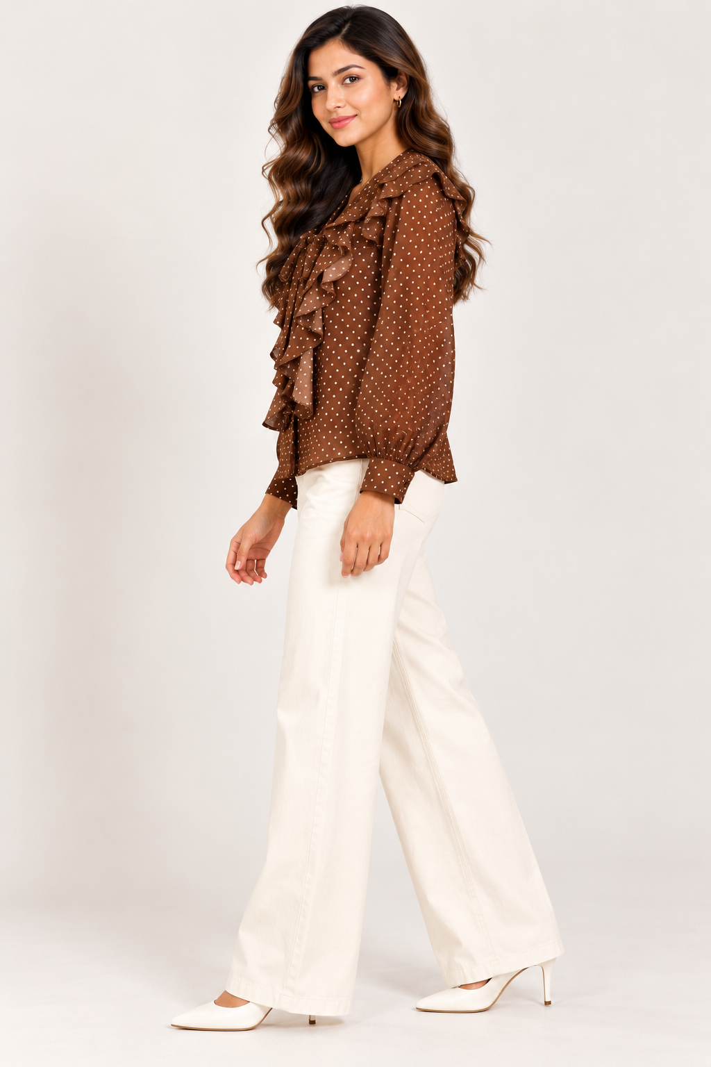 Brown Polka Dot Ruffle Shirt for Women with Tie-Neck Detail