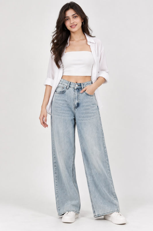 Light Blue High-Waist Wide-Leg Jeans