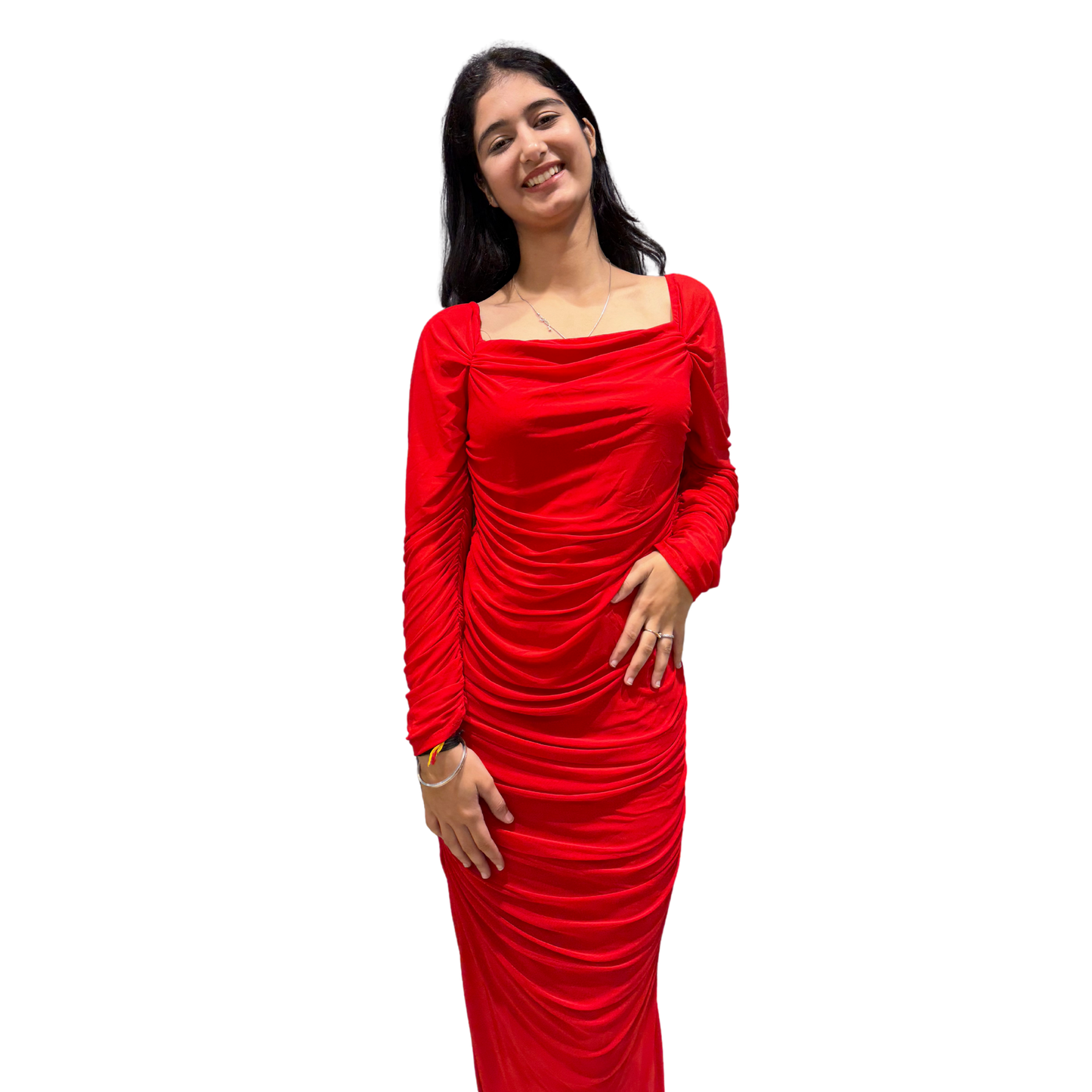 Scarlet Elegance Ruched Evening Gown