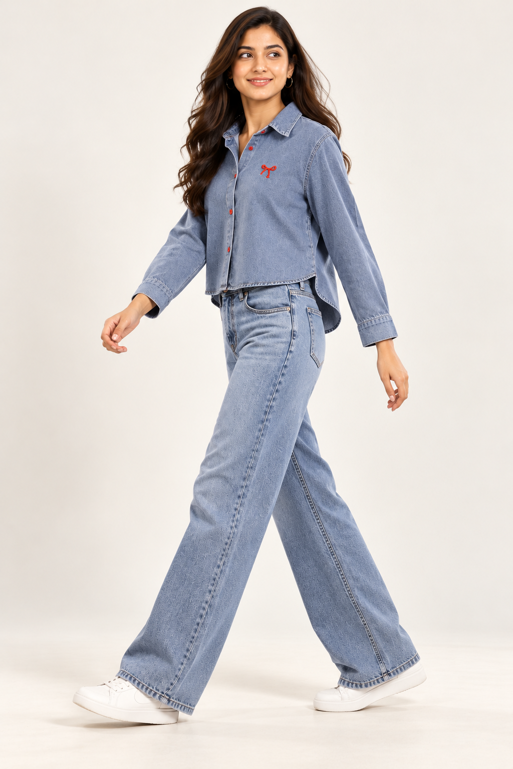 Blue Denim Crop Shirt with Red Button & Bow Detail