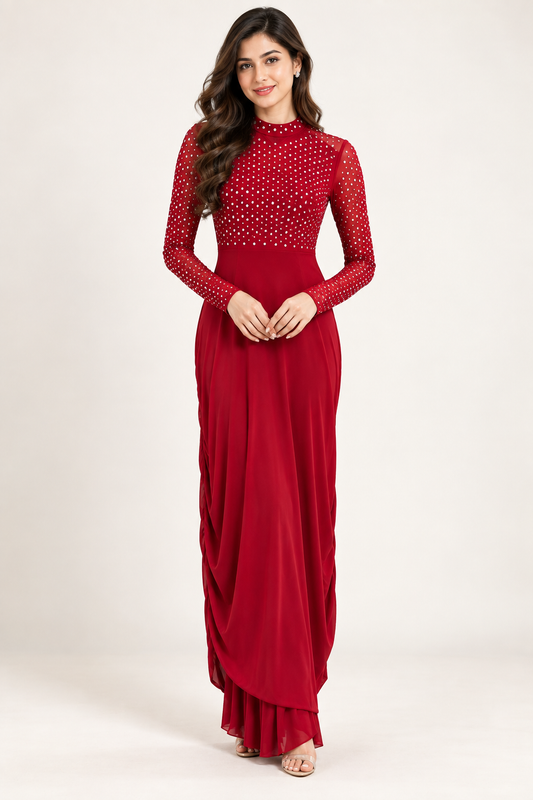 Deep Red Embellished Long Dress - The Style Story
