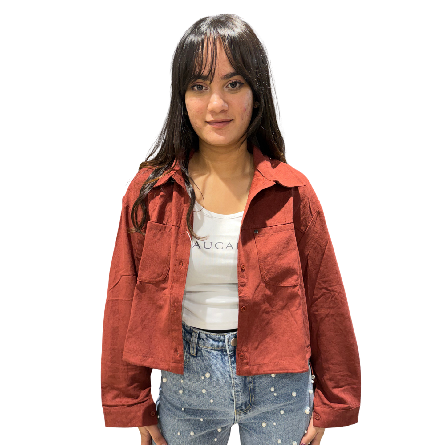 Cropped Utility Shacket with tank top