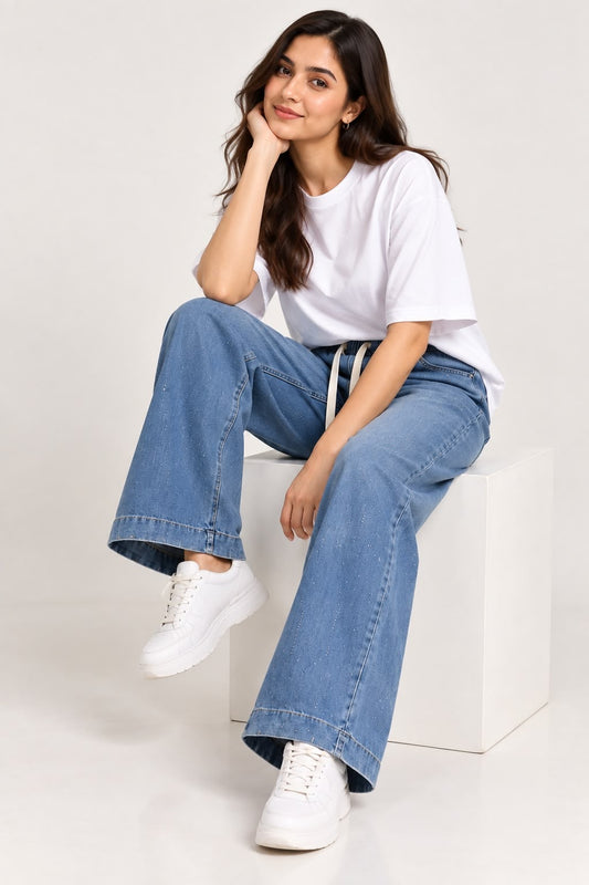 Rhinestone Embellished Wide-Leg Jeans