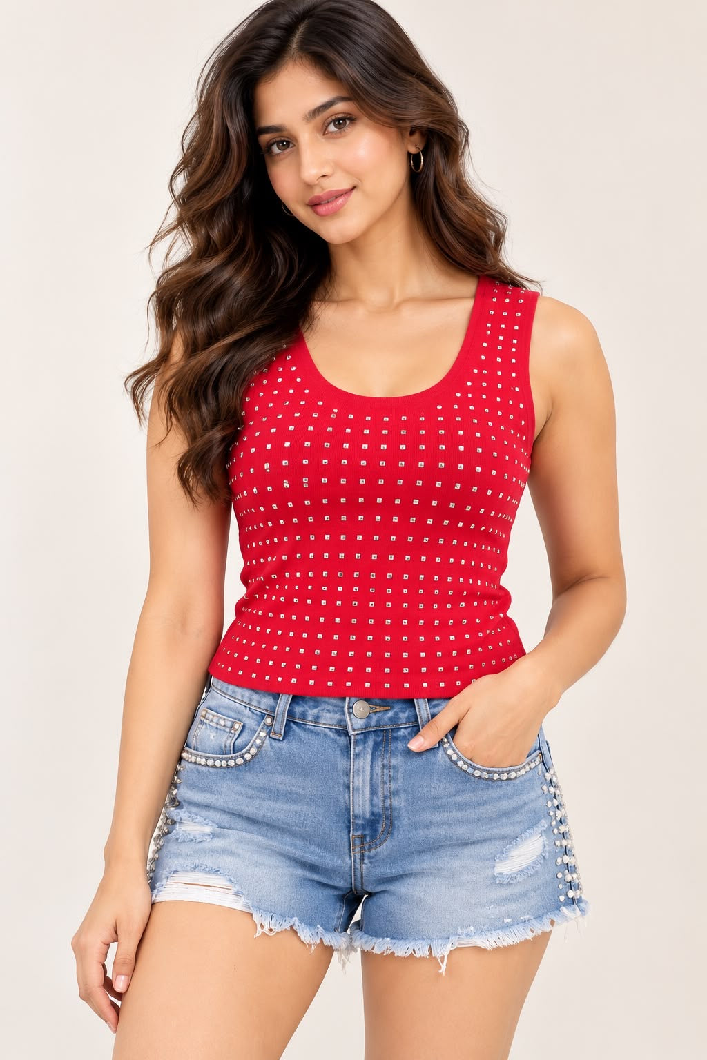 Red Studded Sleeveless Top