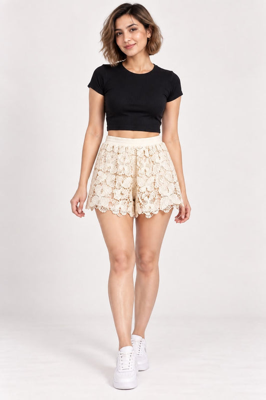 Cream Floral Crochet Shorts - The Style Story