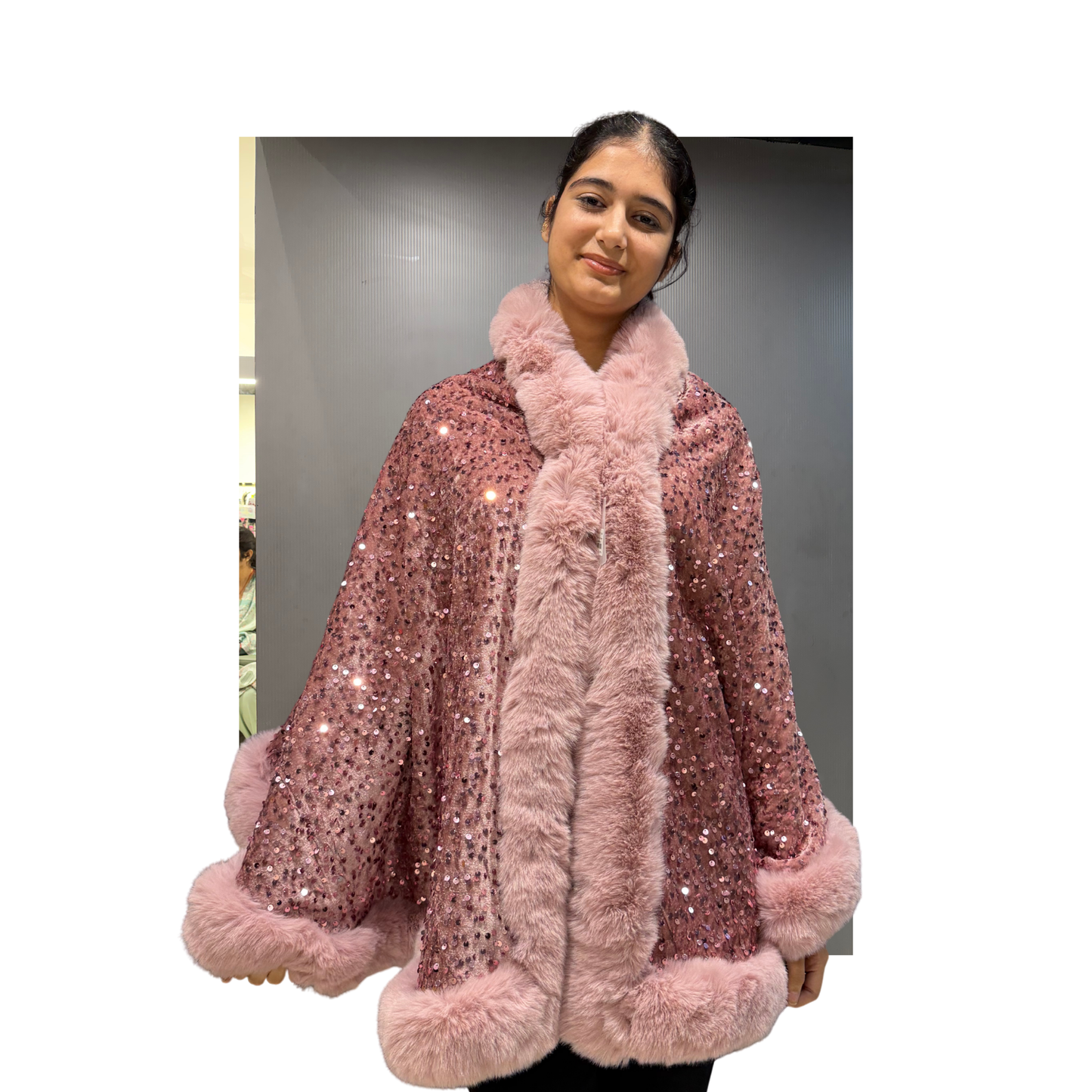 Luxury Blush Sequin Faux-Fur Cape Coat