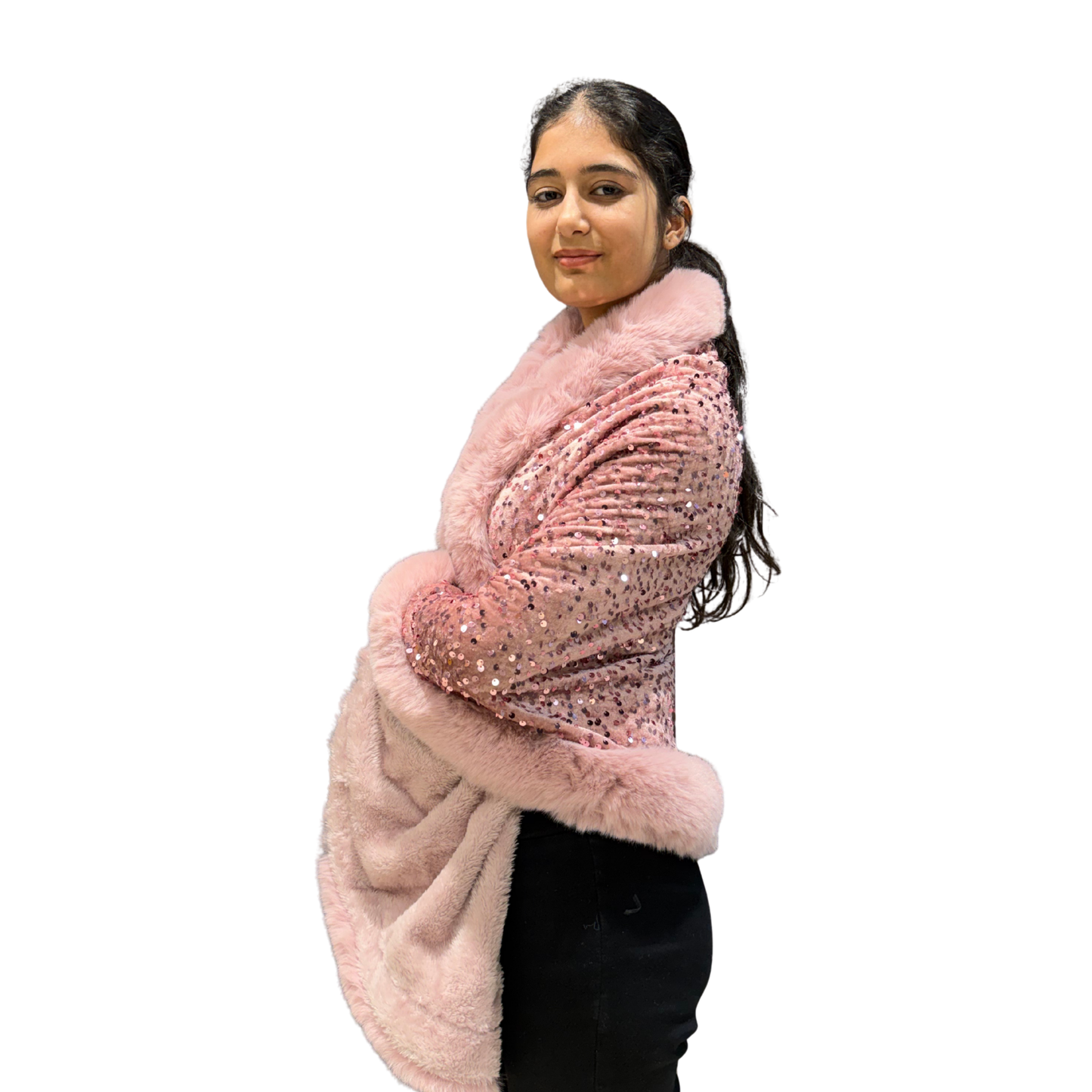 Luxury Blush Sequin Faux-Fur Cape Coat