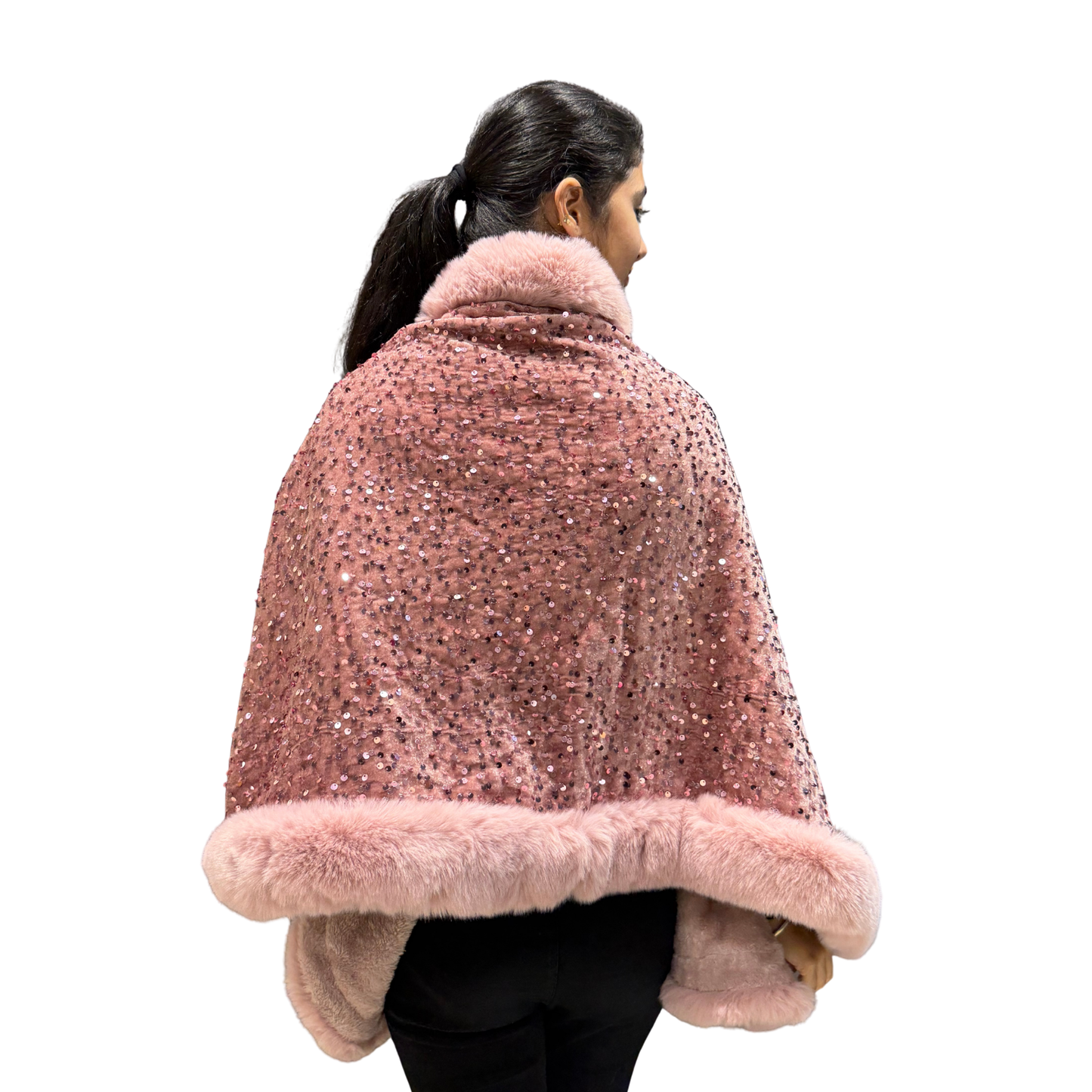 Luxury Blush Sequin Faux-Fur Cape Coat