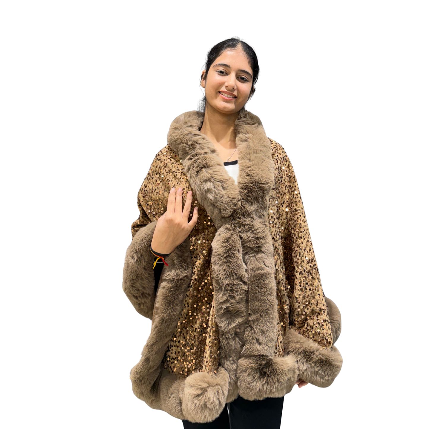 Luxury Blush Sequin Faux-Fur Cape Coat