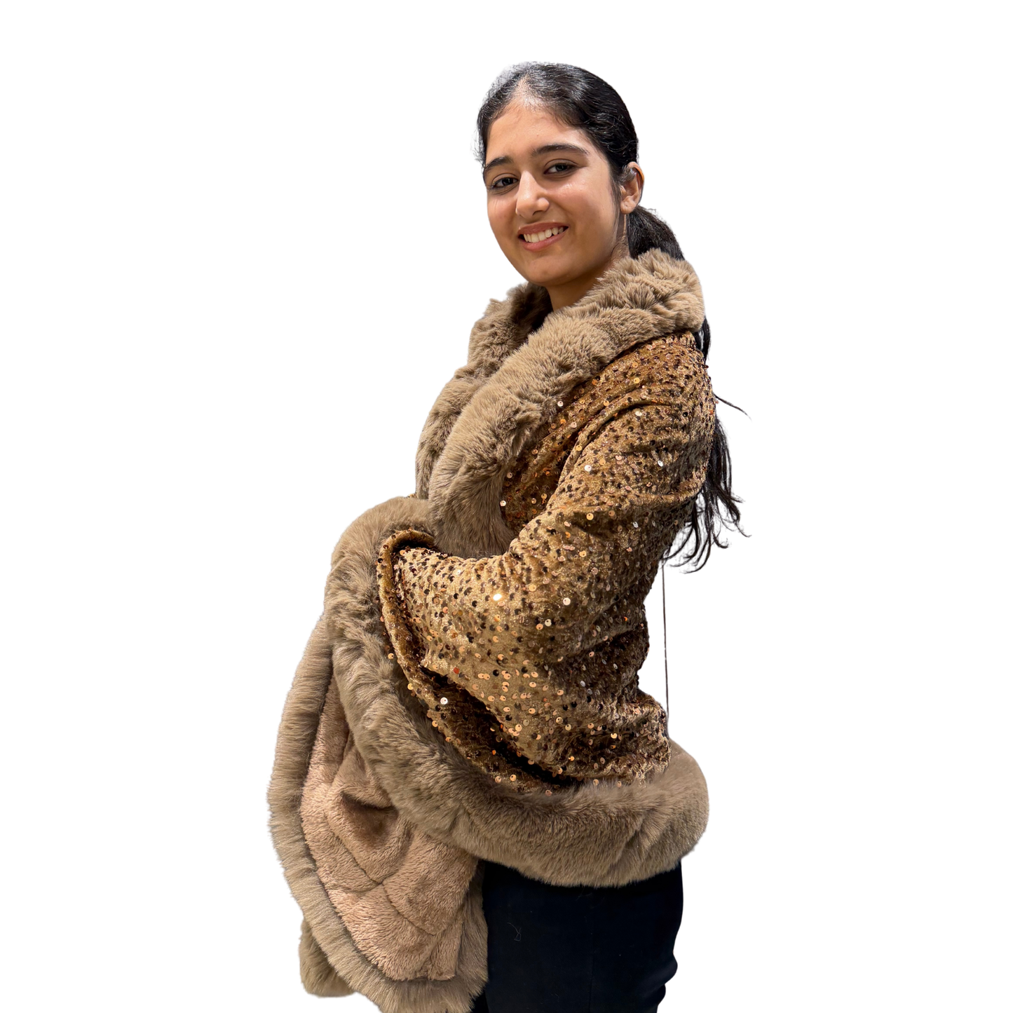 Luxury Blush Sequin Faux-Fur Cape Coat