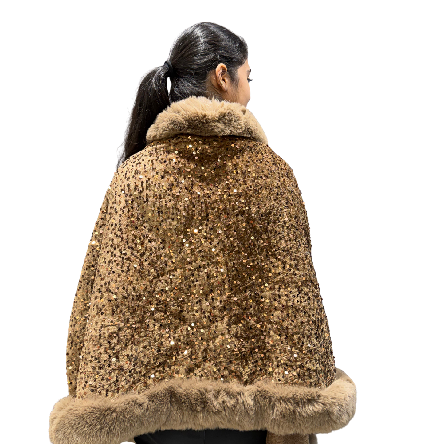 Luxury Blush Sequin Faux-Fur Cape Coat