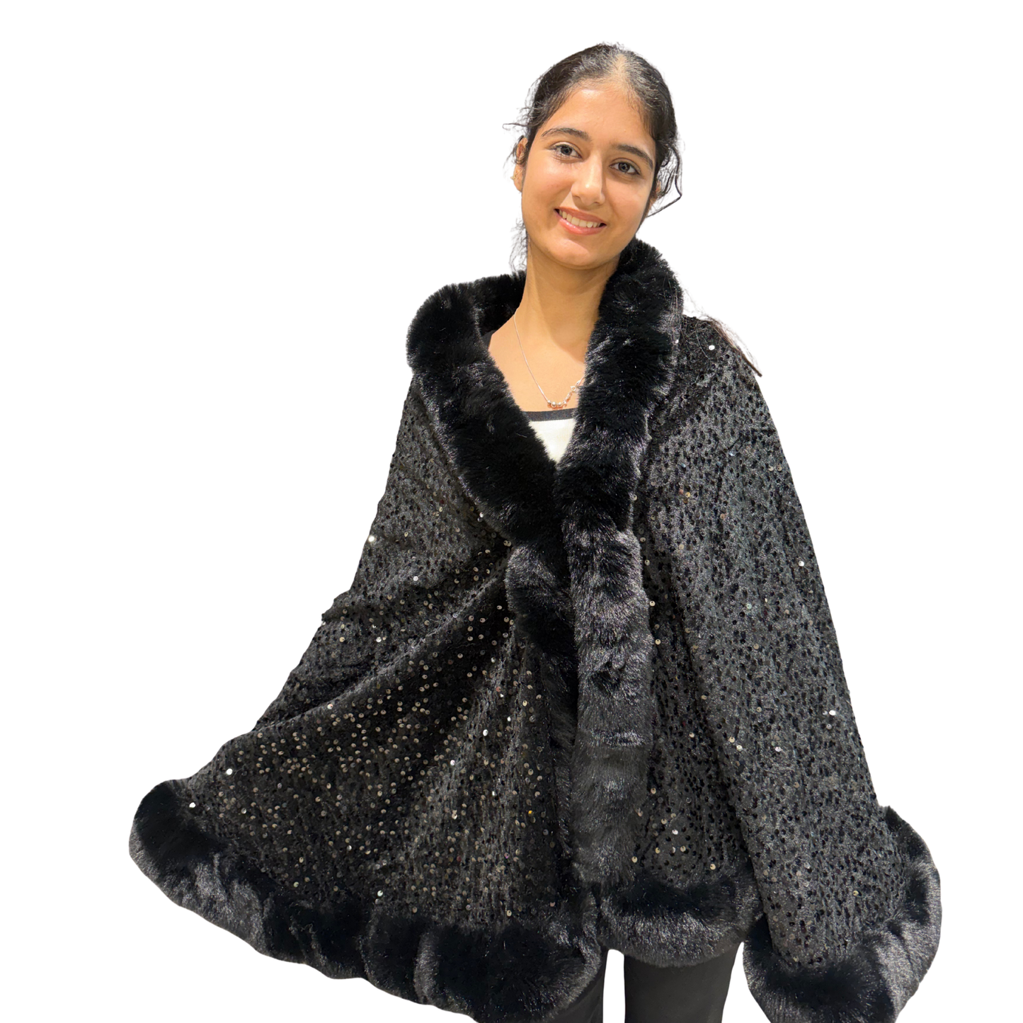 Luxury Blush Sequin Faux-Fur Cape Coat